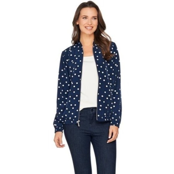 Susan Graver Women's M Navy Blue Polka Dot Bomber Jacket - Picture 1 of 8